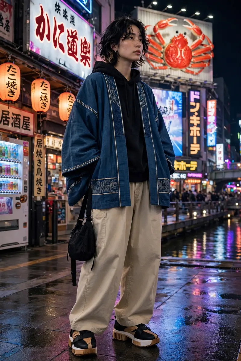 A modern haori kimono jacket over streetwear basics, wide pants and geta-inspired sneakers in Osaka's Dotonbori. Cultural fusion photography, neon