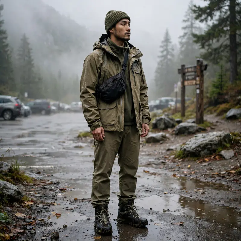 Gorpcore fit with waterproof shell, hiking boots and beanie on a misty mountain trailhead parking lot. Outdoor streetwear photography, overcast