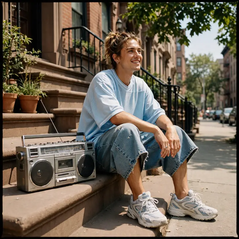 Baggy jorts with an oversized jersey and retro sneakers, sitting on a stoop with a boombox in Brooklyn. 2000s revival photography, bright summer