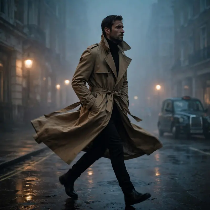 A long camel trench coat over all-black, belted and collar popped, striding through London fog. Cinematic fashion photography, moody foggy light