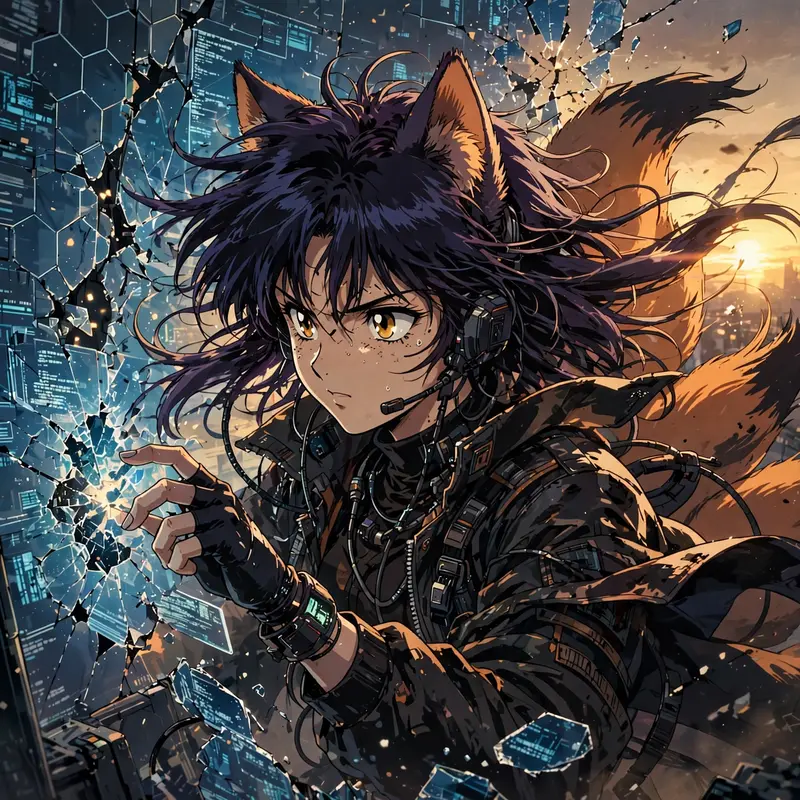 a cyber kitsune hacker breaching a firewall captured in classic 90s anime OVA style, hair and clothing whipping in the wind. Golden-hour sunset glow