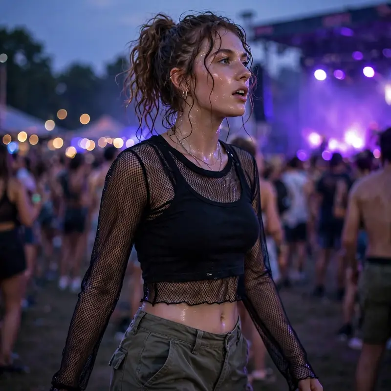 A mesh long-sleeve layered under a cropped tank, low-rise cargos, at an outdoor summer festival at dusk. Festival fashion photography, purple dusk