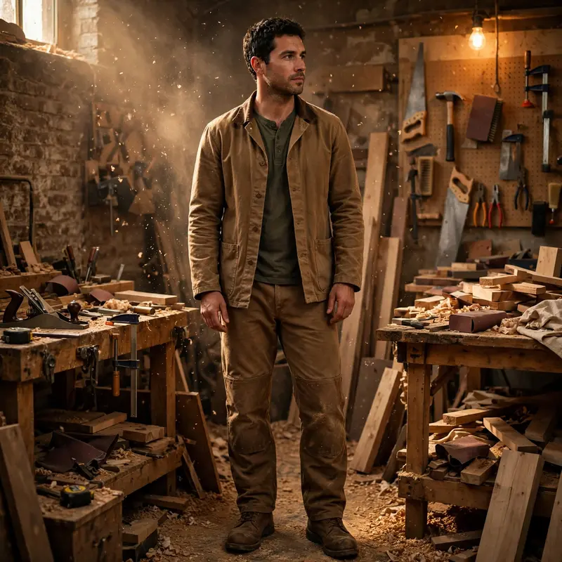 Carhartt-style workwear with chore coat, double-knee pants and boots in a Brooklyn workshop, sawdust in air. Workwear editorial photography, warm