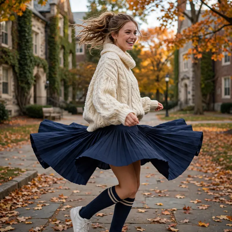 A pleated tennis skirt mid-twirl with an oversized sweater and knee socks, on a college campus in fall. Preppy fashion photography, soft autumn