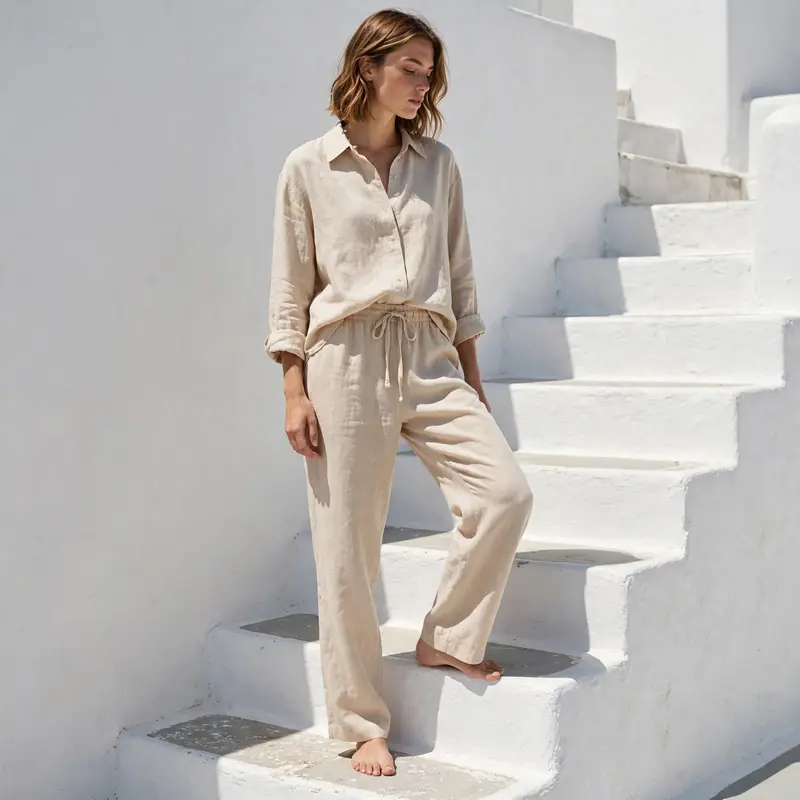 A matching sand-colored linen set, relaxed shirt and drawstring pants, barefoot on whitewashed Greek steps. Minimalist fashion photography, harsh