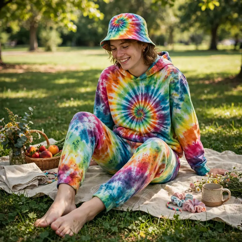 A hand-dyed spiral tie-dye set with bucket hat, barefoot on grass at a park picnic. DIY fashion photography, dappled sunlight, joyful and handmade