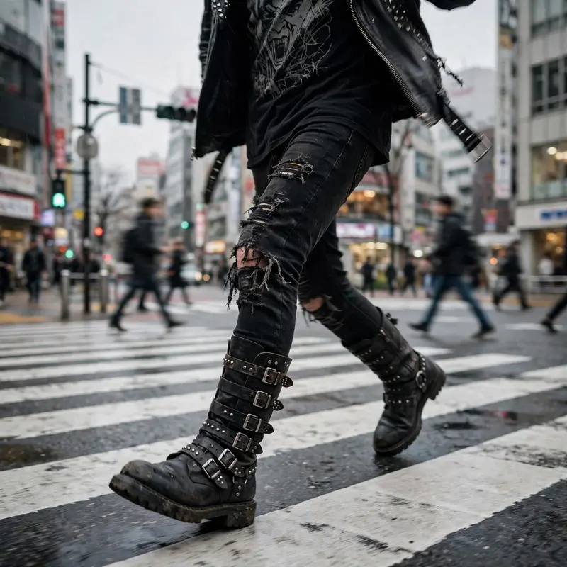 Heavy moto boots with buckles, ripped black jeans and band tee, marching across a zebra crossing in Shibuya. Punk street photography, overcast