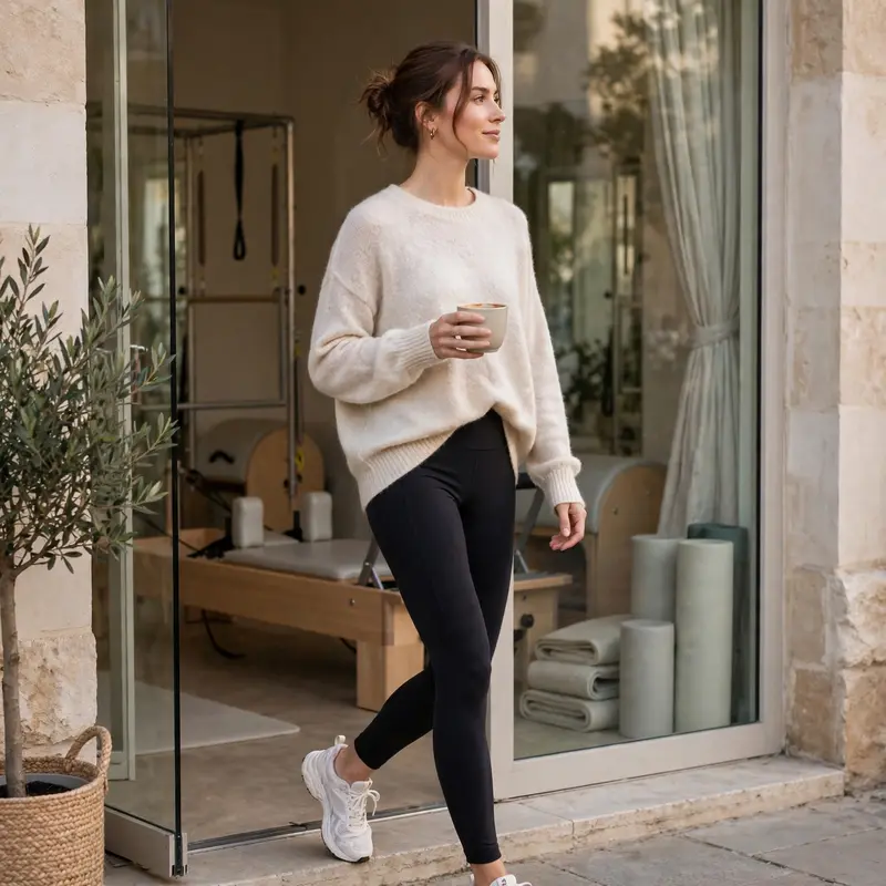 A slouchy cashmere sweater, leggings and sneakers with a coffee in hand, leaving a Pilates studio. Athleisure photography, soft morning light