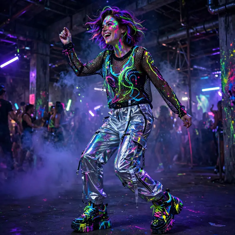 UV-reactive mesh top, reflective pants and platform sneakers under blacklight at a warehouse rave. Rave fashion photography, ultraviolet glow