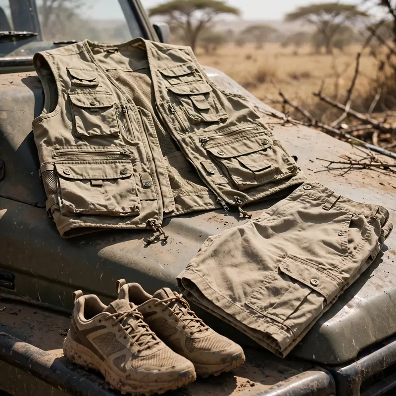 A safari utility vest with cargo shorts and trail sneakers on a dusty safari jeep in Kenya. Adventure fashion photography, harsh savanna sun