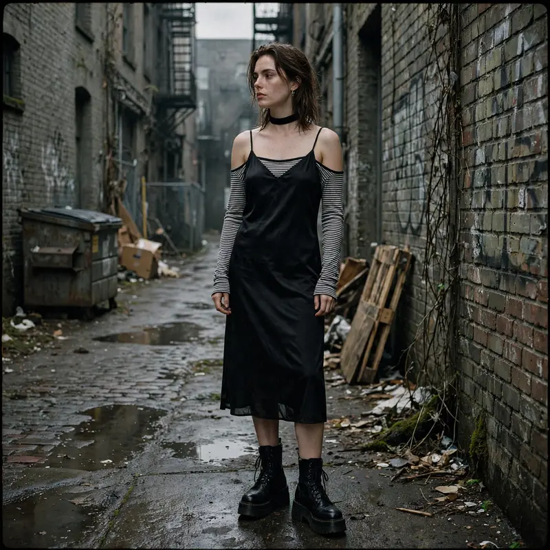 A 90s slip dress over a striped long-sleeve, choker and chunky boots in a grungy Seattle alley. 90s revival photography, overcast grunge light, moody