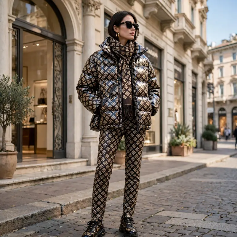 Head-to-toe designer monogram with logo puffer, scarf and sneakers outside a Milan boutique. Luxury street photography, bright daylight, flashy and