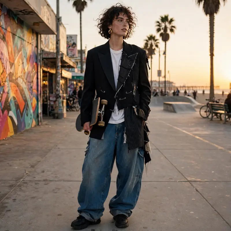 A model in a deconstructed tuxedo jacket and baggy jeans holding a skateboard on Venice Beach boardwalk. High-low fashion photography, golden hour