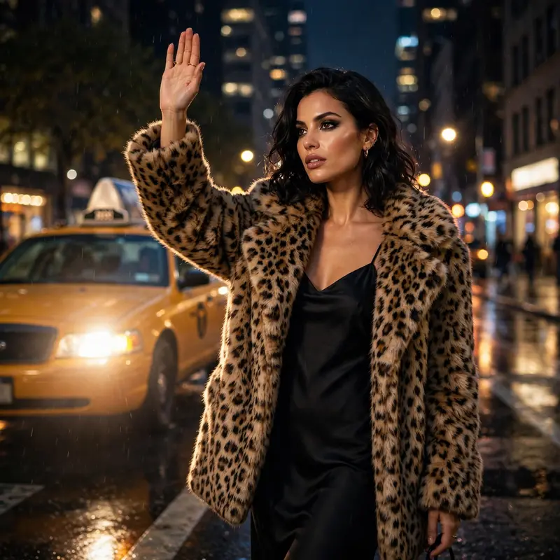 A leopard faux-fur coat over a slip dress and heels, hailing a cab in Manhattan at midnight. Night glamour photography, taxi headlight glow, fierce
