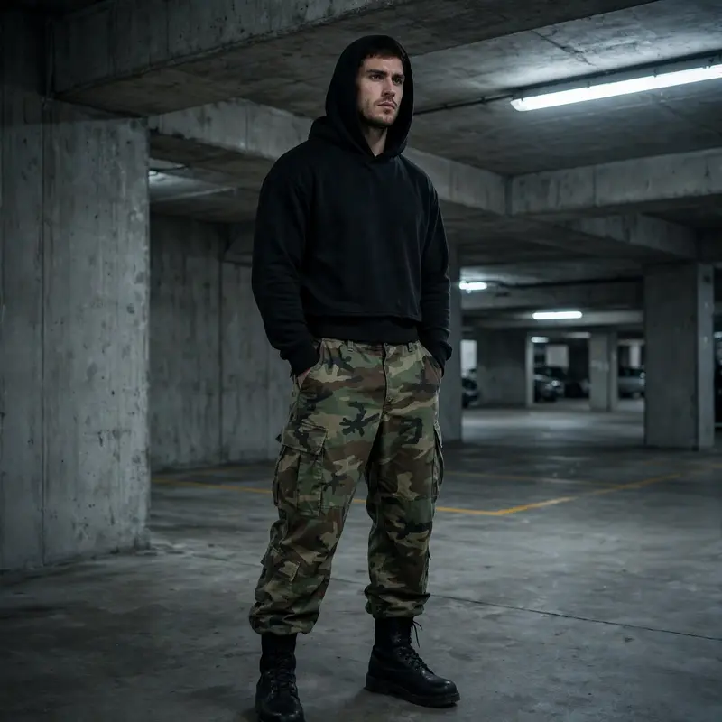 Camo cargo pants with a black cropped hoodie and combat boots in a brutalist parking garage. Military streetwear photography, concrete fluorescent