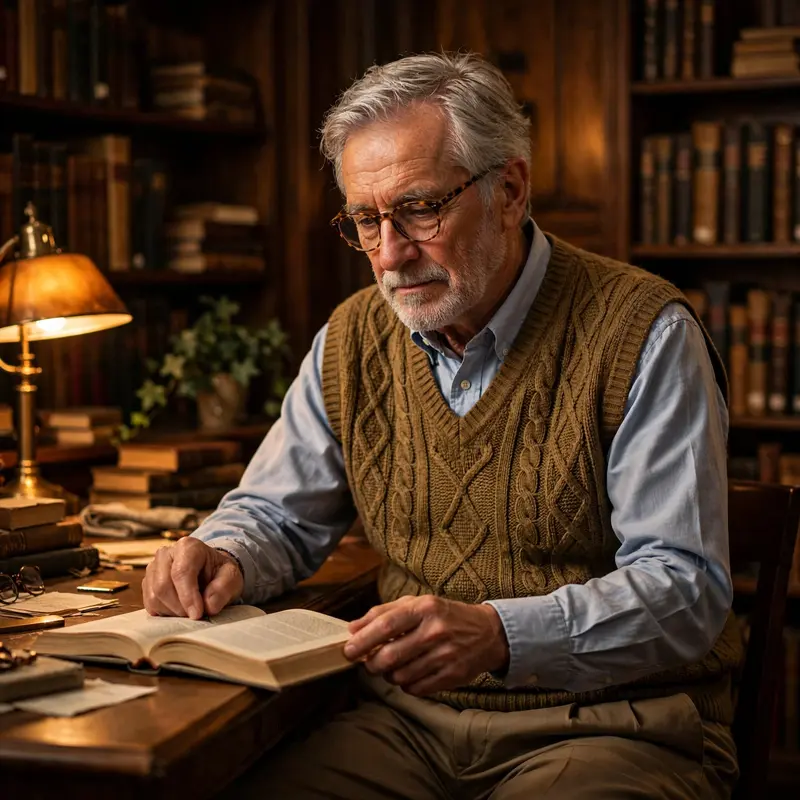 A grandpa-core knit sweater vest over an oxford shirt, pleated trousers, in a university library. Dark academia photography, warm lamp light
