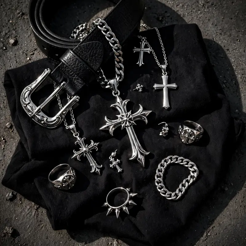 Close-up flat lay of chrome jewelry, cross pendants and leather belt over a graphic tee on concrete. Accessory editorial photography, hard side