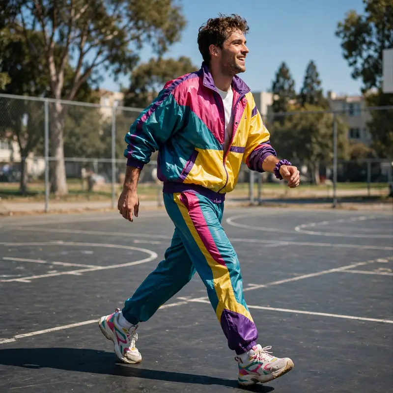 A 90s colorblock windbreaker with track pants and retro runners on a basketball blacktop. Retro sport photography, bright daylight, energetic and