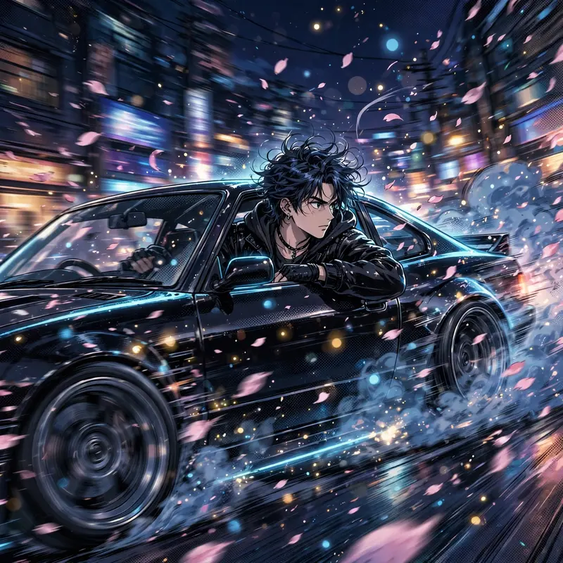 manga-inspired anime style with screentone accents anime scene: a street racer leaning into a midnight drift, surrounded by swirling petals and