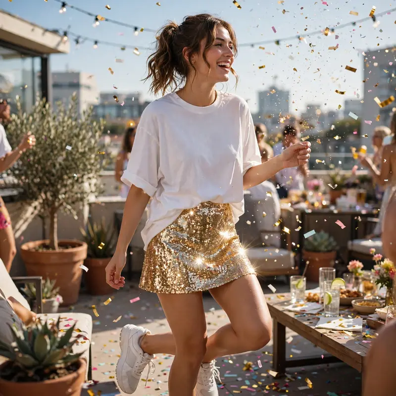 A sequin mini skirt styled down with an oversized tee and sneakers at a daytime rooftop party. High-low party photography, bright daylight, fun and