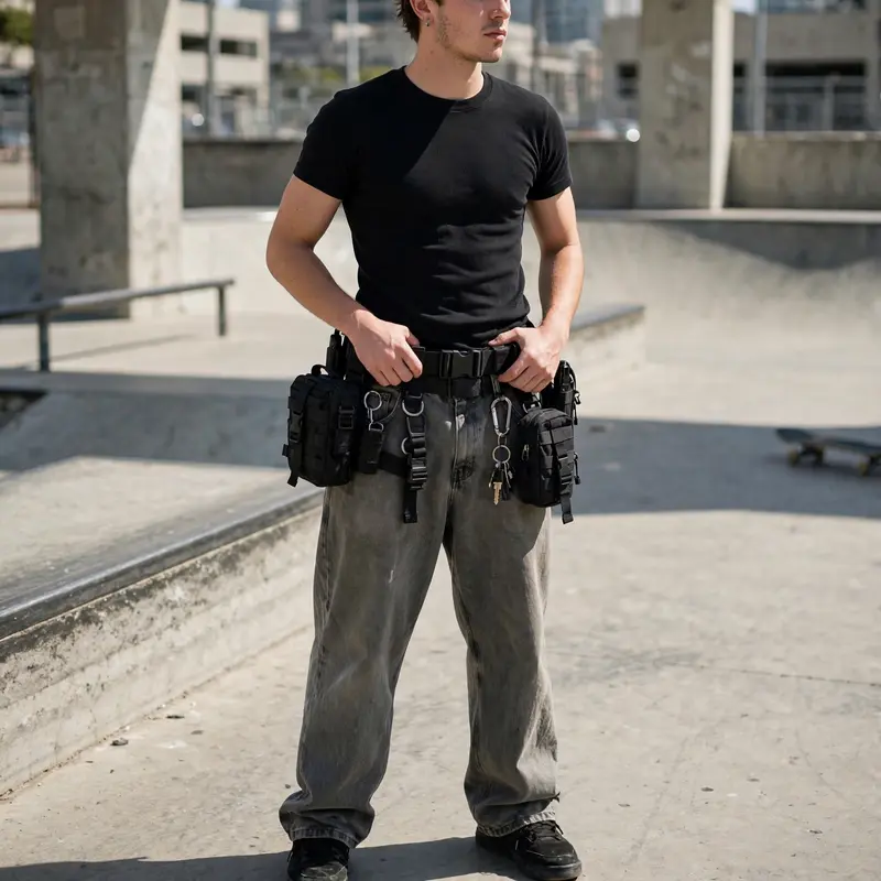 Tactical belt with pouches over baggy jeans and a fitted tee, in a downtown skate spot. Street utility photography, harsh sun, ready and edgy mood