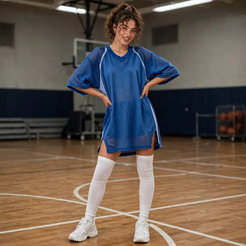An oversized basketball jersey styled as a dress with thigh-high socks and sneakers, on an empty court. Sporty fashion photography, gym fluorescent