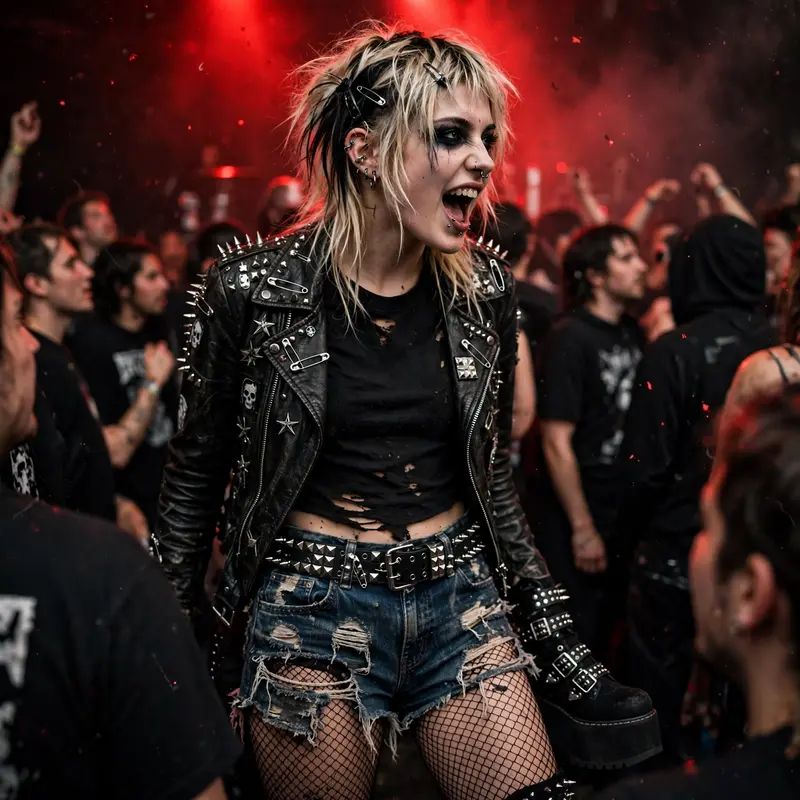 Fishnet tights layered under ripped shorts, studded belt and platform creepers at a punk show. Concert fashion photography, red stage light, loud and