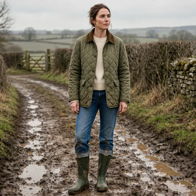 A diamond-quilted country jacket with corduroy collar, jeans and wellies on a muddy English farm track. Countryside fashion photography, soft gray