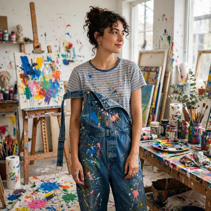 Baggy denim overalls with one strap undone over a striped tee, paint splatters, in an art studio. Creative workwear photography, bright studio light