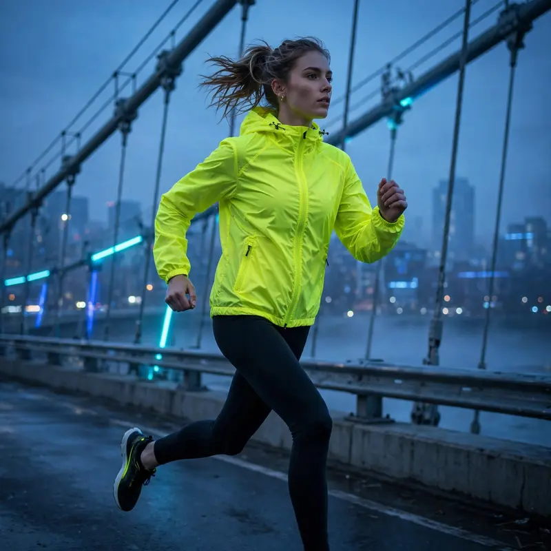A neon yellow windbreaker over black running tights, mid-stride on a city bridge at dawn. Running fashion photography, blue dawn light, fast and
