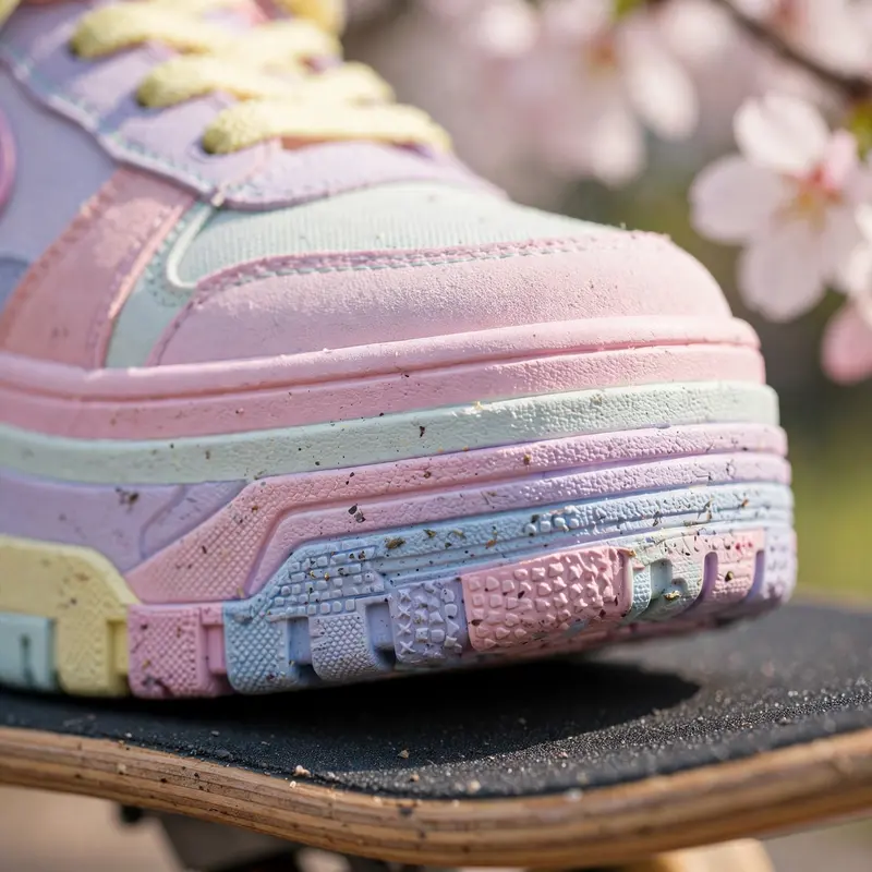 Extreme close-up of platform sneakers in pastel colorway on a skateboard, cherry blossoms blurred behind. Sneaker detail photography, soft spring