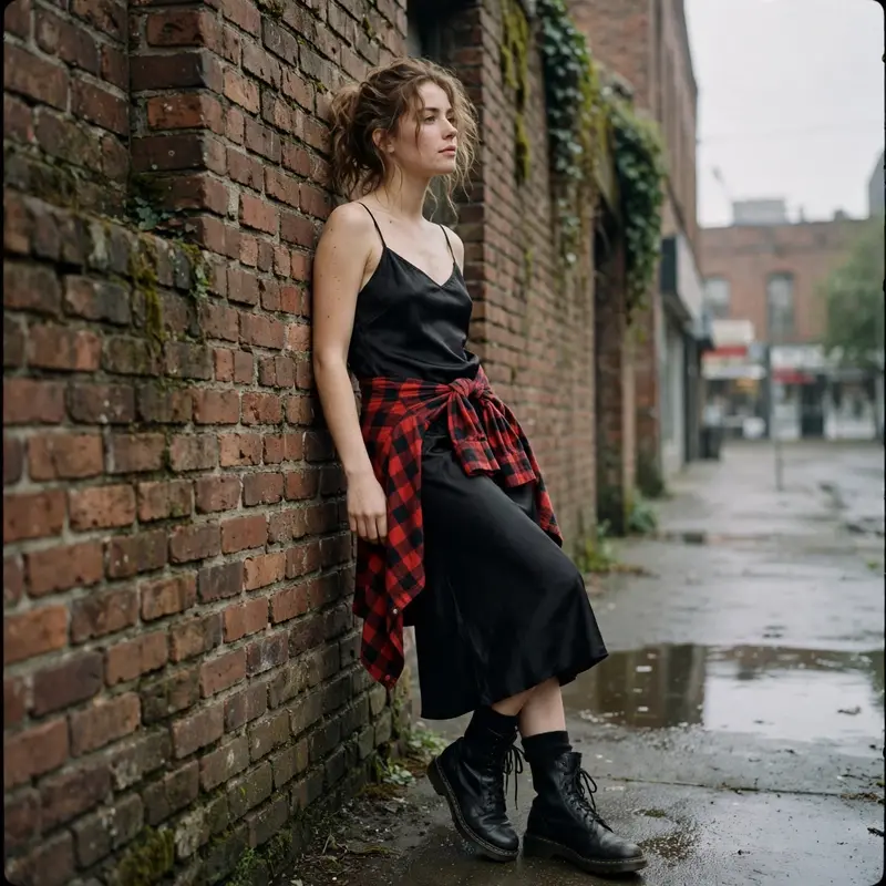 A flannel shirt tied around the waist over a slip skirt and boots, leaning on a brick wall in Portland. 90s casual photography, overcast soft light