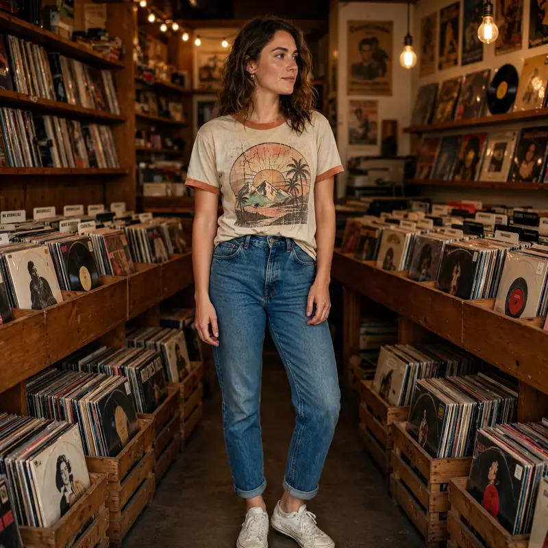A vintage ringer tee with faded concert print, high-waisted jeans and sneakers at a record store. Retro casual photography, warm shop light