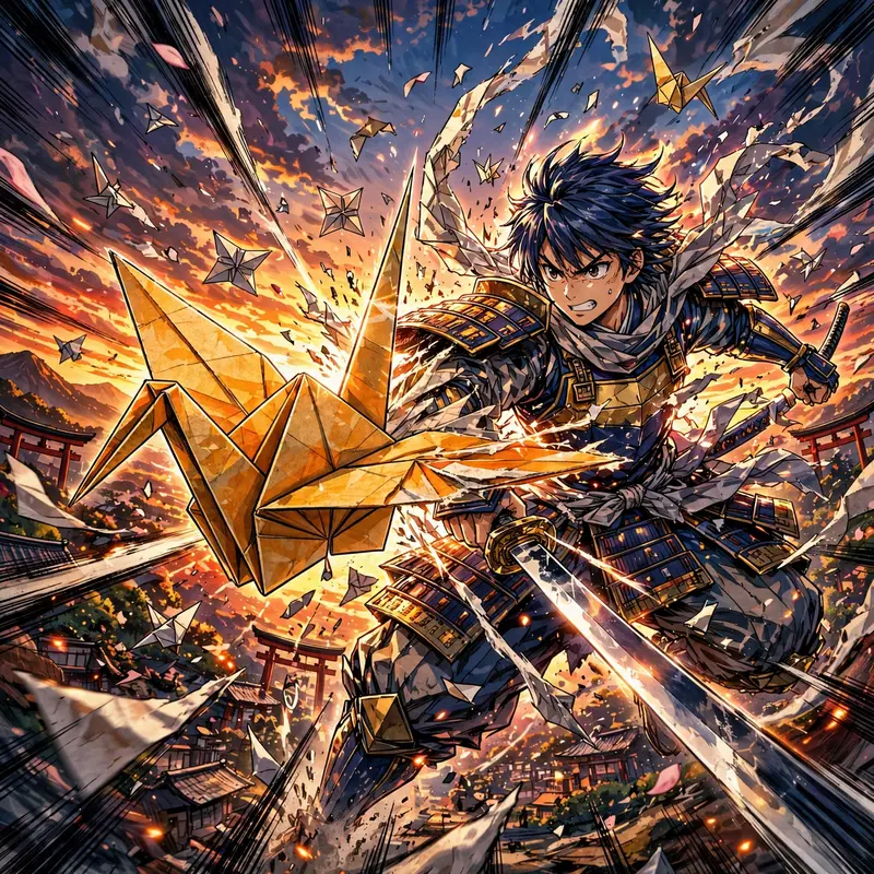 a paper crane folding into a living warrior rendered in painterly anime style with cel-shaded characters, frozen mid-action with bold motion lines