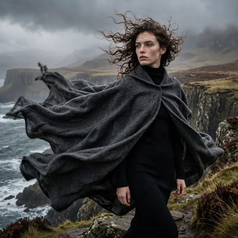 A dramatic wool cape coat swirling in wind over a turtleneck dress, on a cliffside in Scotland. High-drama editorial photography, stormy gray light