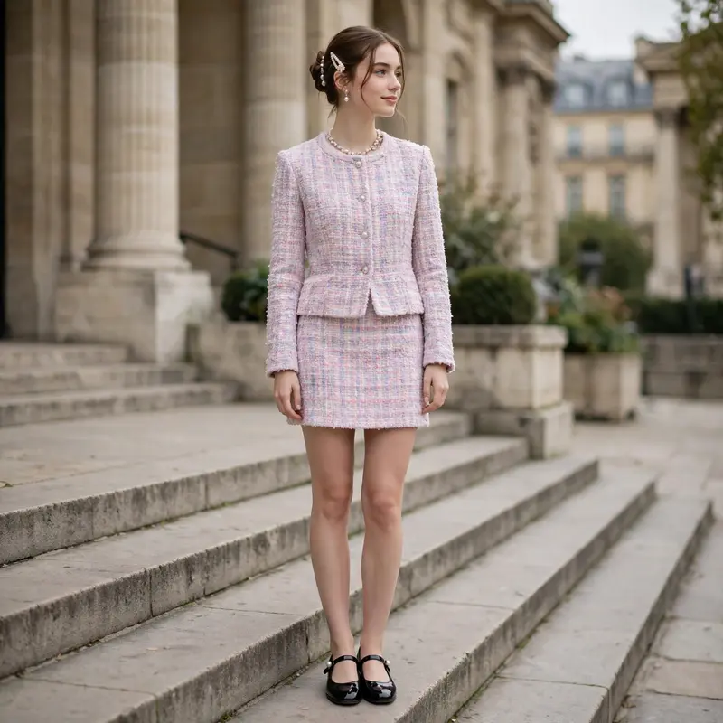 A pastel tweed mini skirt set with pearls and Mary Janes, on the steps of a Paris museum. Ladylike fashion photography, soft daylight, polished and