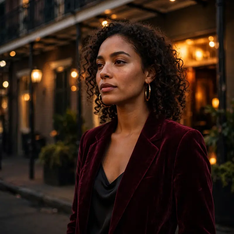 A deep burgundy velvet blazer over black silk, gold hoops, outside a jazz club in New Orleans. Night luxe photography, warm club glow, smooth and