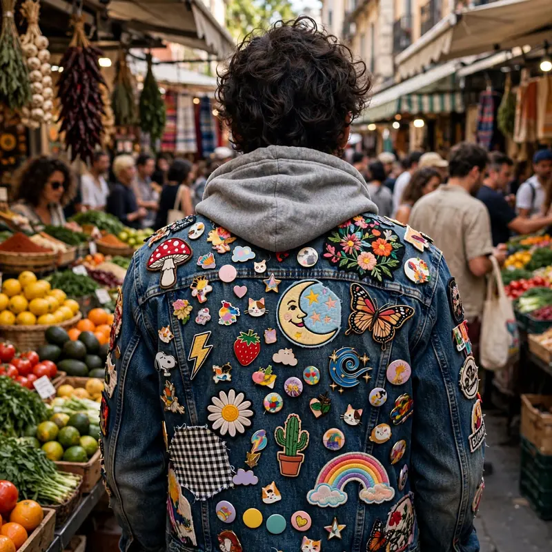 A denim jacket covered in enamel pins and patches over a hoodie, back view in a crowded market. DIY fashion photography, busy daylight, personal and