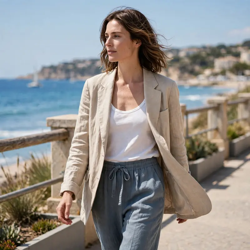 An unstructured linen blazer over a tank and drawstring trousers, walking a coastal promenade. Resort tailoring photography, bright sea light, breezy