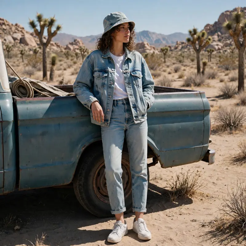 A head-to-toe light-wash denim fit with a bucket hat and white sneakers, leaning on a vintage pickup in Joshua Tree. Desert streetwear photography