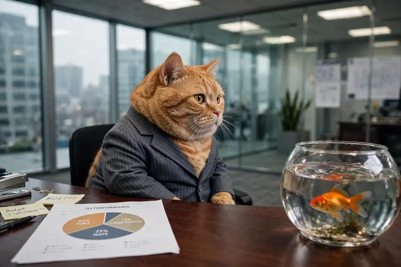 A chubby orange tabby cat wearing a tiny pinstripe suit sits behind a mahogany desk in a glass corner office, dramatically turned away from a pie