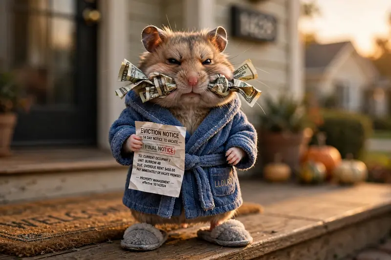 A grumpy hamster in a bathrobe and slippers stands on a doorstep holding an eviction notice, cheeks stuffed with rent money. Golden hour porch