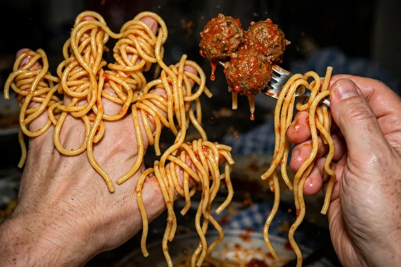 A close-up of a person's hands where every finger is replaced by wriggling spaghetti noodles, one hand lifting a forkful of meatballs. Harsh flash