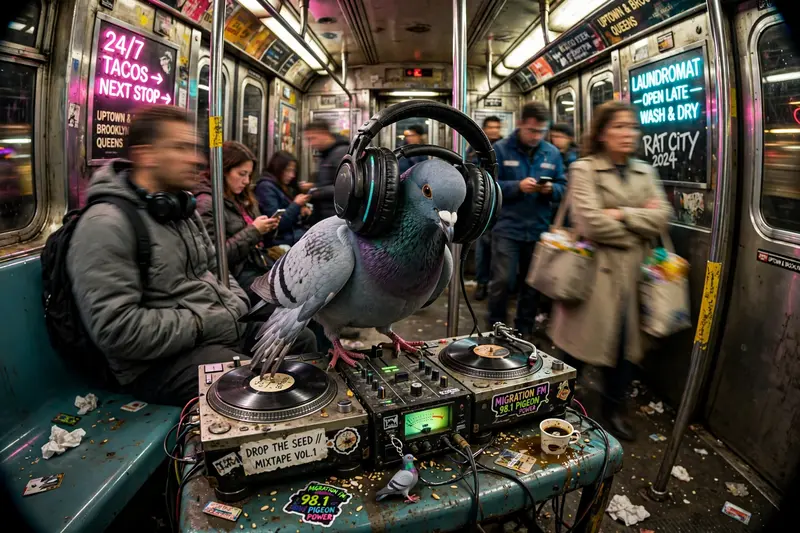 A pigeon wearing oversized headphones scratches on miniature turntables inside a grimy subway car, surrounded by unimpressed commuters. Neon