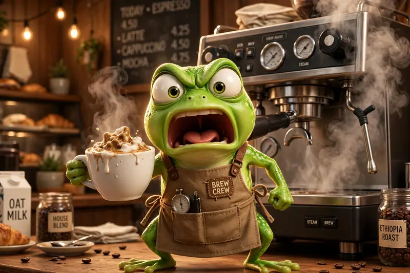 A tiny green frog in a barista apron screams silently while holding a latte cup with a failed leaf art blob, espresso machine steaming behind it