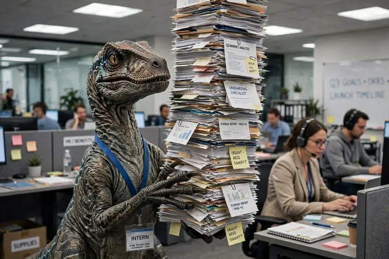 A velociraptor wearing an oversized intern lanyard and holding a stack of papers too tall to see over, standing in a modern open-plan office