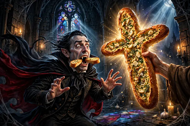 A vampire with garlic-bread fangs recoiling in horror from a loaf of garlic bread held up like a crucifix, cape billowing. Gothic castle interior lit
