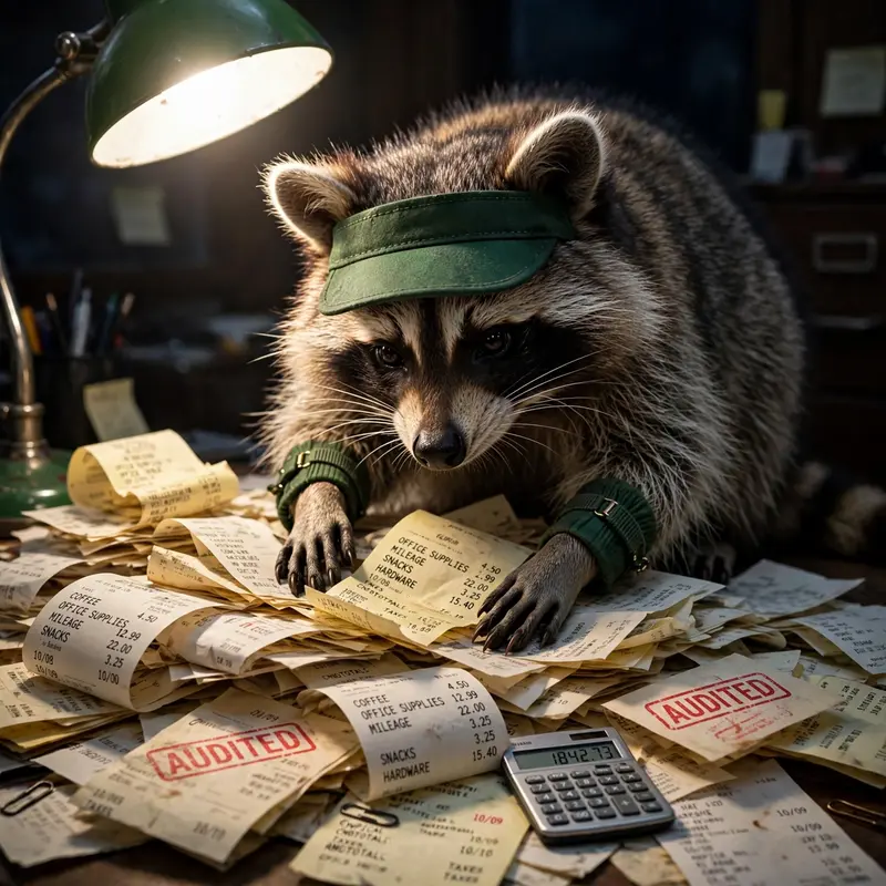 A raccoon in a green visor and sleeve garters hunches over a mountain of receipts with a red stamp reading AUDITED, tiny calculator nearby. Harsh