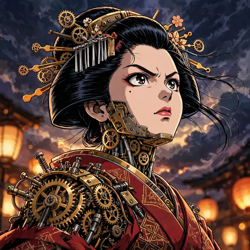 nostalgic cel-animation look illustration of a clockwork geisha with gleaming brass gears, posed heroically against a dramatic sky. Warm tungsten