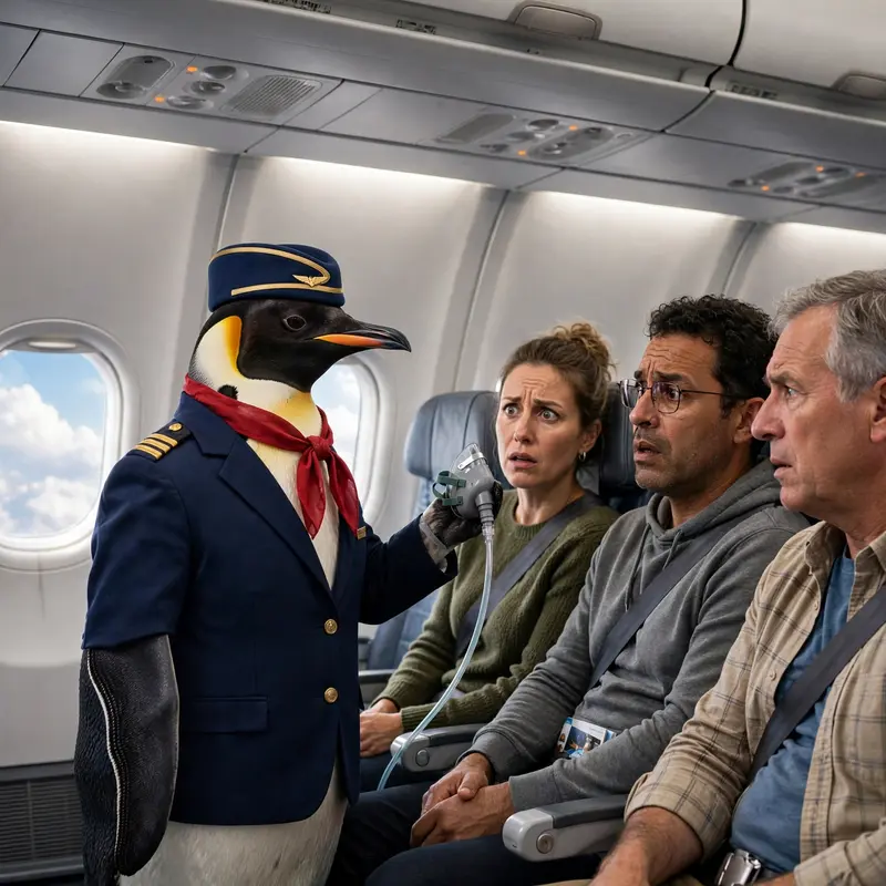 A penguin in a crisp flight attendant uniform demonstrates a tiny oxygen mask to a row of confused passengers in an airplane cabin. Bright cabin